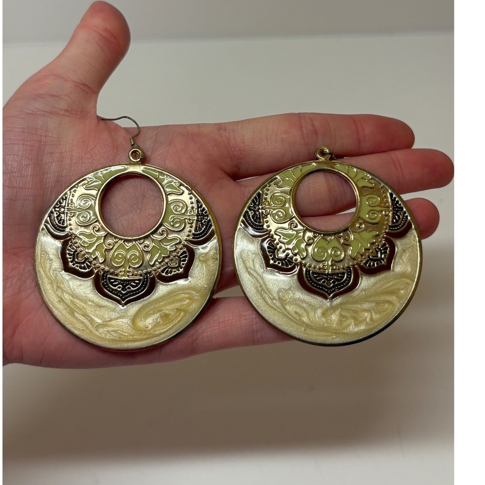 Gold Tone Mandala Enamel Drop Earrings Cream Sage Green Boho Disc